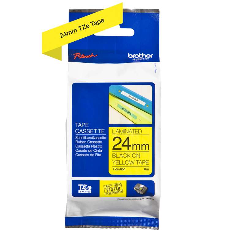 Ruban jaune pour étiqueteuses Brother TZe-651 - 24 mm x 8 m
