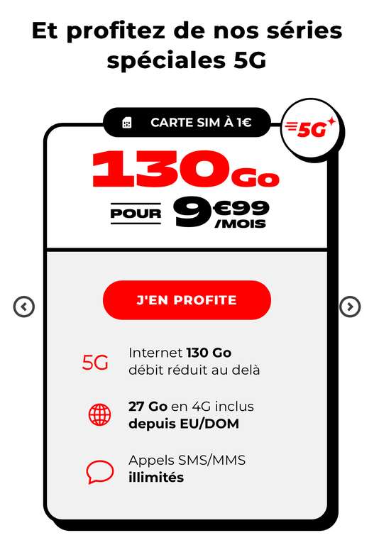 Forfait mobile 5G NRJ Mobile : Appels/SMS/MMS illimités + 130 Go 5G + 27 Go en 4G Europe/DOM (sans engagement)
