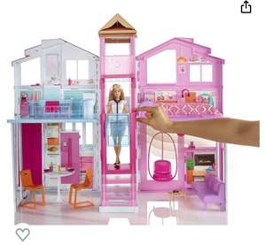 Barbie Mobilier Grande Maison de poupée de Luxe à 2 étages et 4 pièces dont cuisine, chambre, salle de bain et accessoires