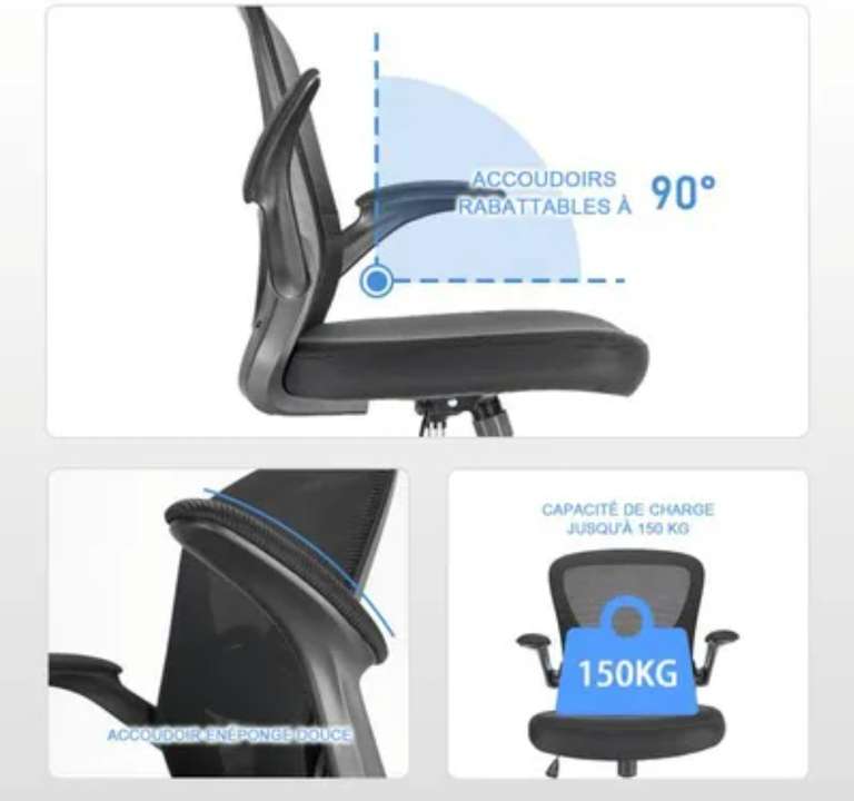 [CDAV ]Chaise de bureau ergonomique Durrafy avec dossier en maille et bras rabattable - Noir (Vendeur tiers)
