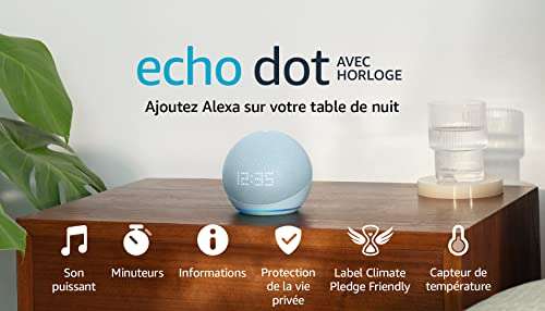 Assistant vocal Echo Dot avec horloge (5e génération, modèle 2022) -  Plusieurs coloris –