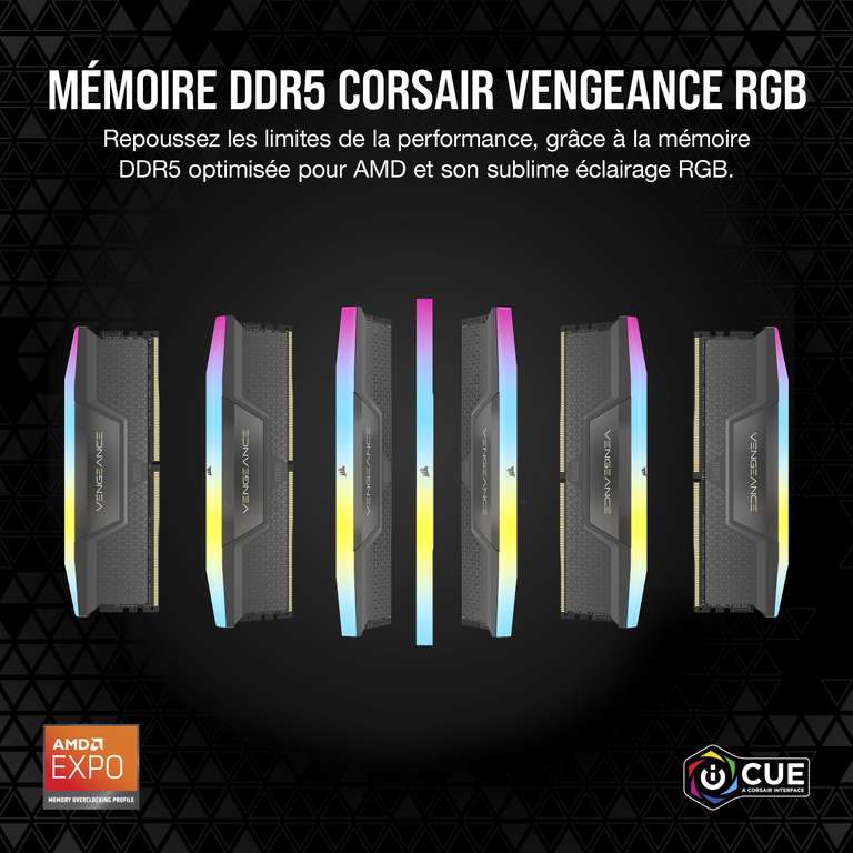 Kit mémoire RAM Corsair Vengeance RGB (CMH32GX5M2B6000Z30K) - 32 Go (2 x 16 Go), DDR5, 6000MHz, CL30 AMD EXPO