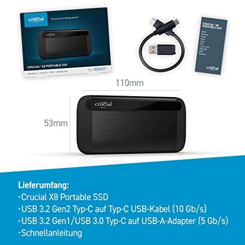 [Prime DE] SSD Externe Portable NVMe Crucial X8 CT1000X8SSD9 - 1 To, USB 3.2, Noir