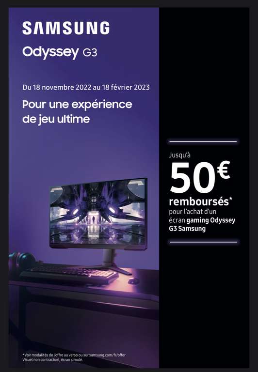 ODR] 50€ de remboursé sur les Ecrans PC Samsung Odyssey G3 27 (30€ pour le  24) sous conditions d'éligibilité de la référence –
