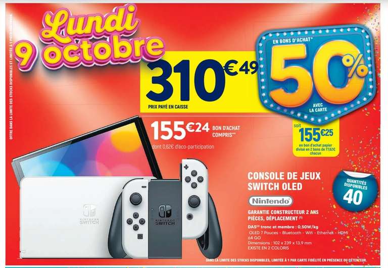 Console Nintendo Switch OLED avec paire de Joy-Con (via 2 bons d'achat de 77.62€) - Leclerc Jonzac (17)