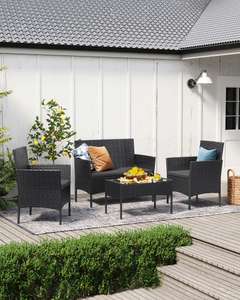 Salon de jardin Songmics GGF004B06 - Noir/gris, 2 fauteuils, un canapé, une table basse, Revêtement tressé, Coussins