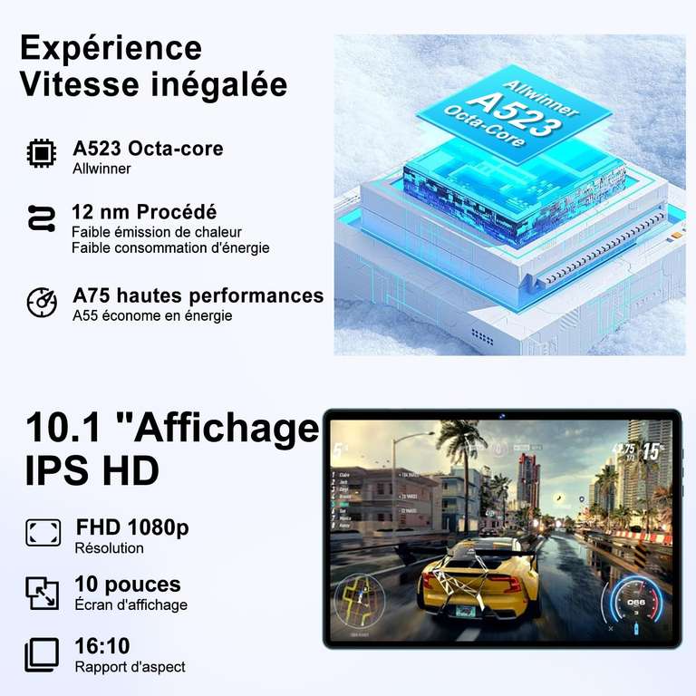 Tablette 10 Pouces Android avec 20 Go RAM+128 Go ROM (Extensible Jusqu'à 1 to), Octa-Core, Widevine L1, Wi-FI 6, BT 5.0, 6000 mAh, 5MP+8MP, Tablette Tactile avec étui de Protection à 75.99