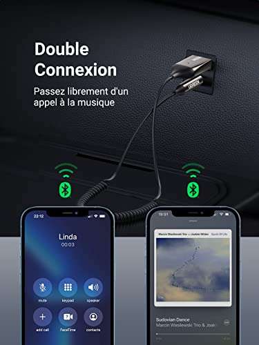 Adaptateur Bluetooth Ugreen - Bluetooth 5.0 avec 3.5mm Jack, Alimentation par USB, Récepteur Bluetooth AUX avec Microphone (Vendeur Tiers)
