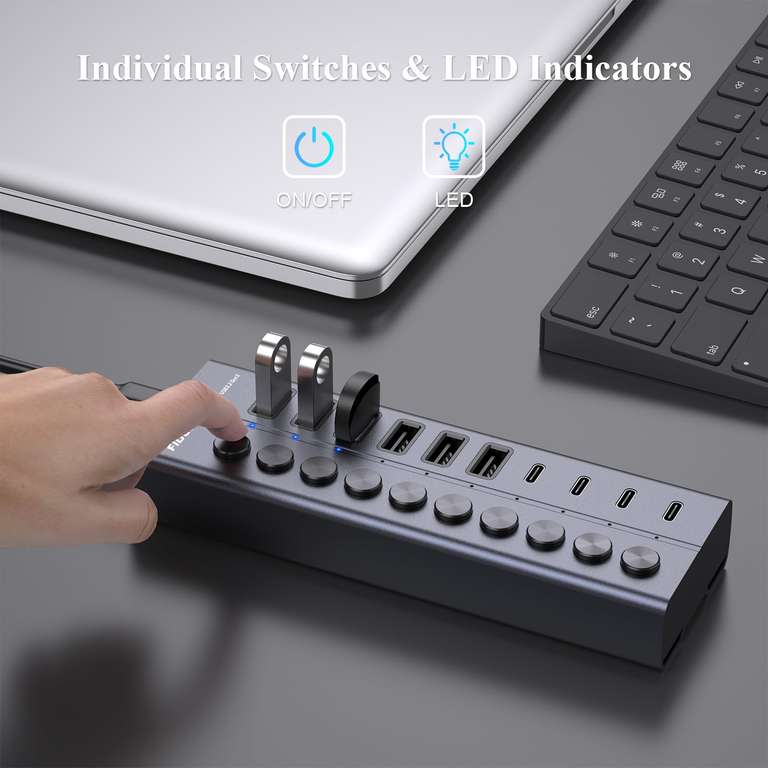 2 Hubs USB 4 Ou 7 Ports Avec Interrupteurs Indépendants – USB 3.0 (5 Gbps), Anti-dérapant, Pour Bureau, Voyage, Gaming - 13