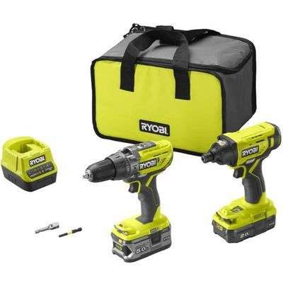 Pack RYOBI One+ Duo sans fil 18V - Perceuse a percussion + visseuse a chocs (200Nm) + 2 batteries + 1 chargeur + sac