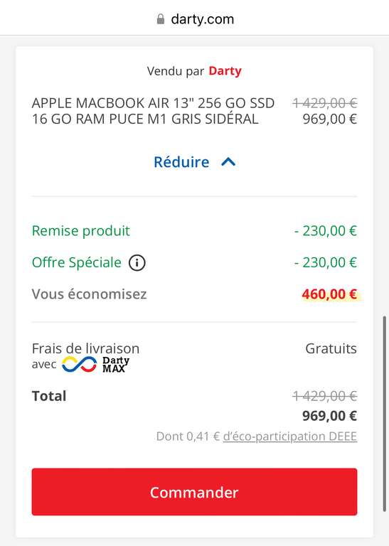 Darty Max] PC Portable 13 Apple MacBook Air - M1, 16 Go, 256 Go –