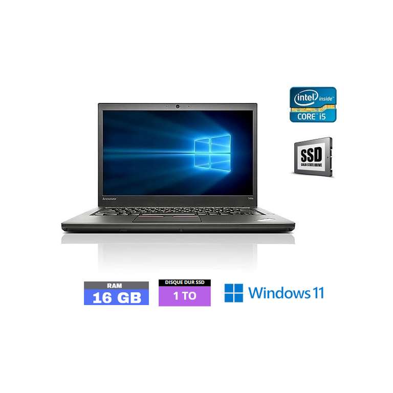 PC Portable Lenovo T450 Core I5 - Ssd 1 to - Ram 16 Go - Webcam - N°060415 - Grade B - Windows 11 (Reconditionné)