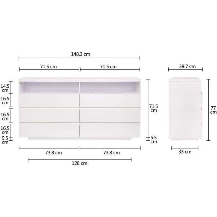 Commode Lux - 6 tiroirs & 2 niches, avec lumière LED, blanc, L 150 x P 40 x H 77 cm (+ 7,50€ à cagnotter pour les CDAV)