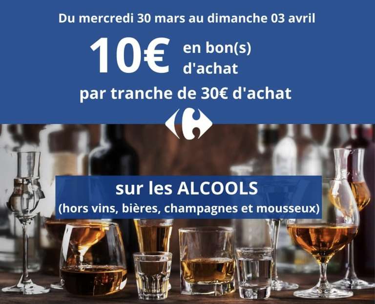 10€ offerts en bon(s) d’achat par tranche de 30€ sur les alcools (Hors Vins, Bières, Champagnes et Mousseux - Magasins participants)