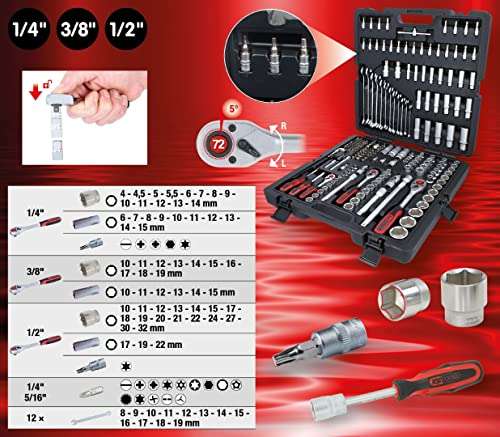 Coffret outils KS Tools 917.0216 - 216 Pièces, Acier au chrome-vanadium (1/4" + 3/8" + 1/2")