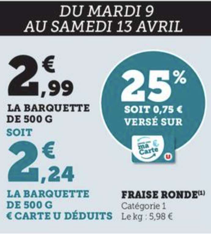 Barquette de 500g de Fraises rondes de France (via 0.75€ sur carte - Sélection de Magasins)