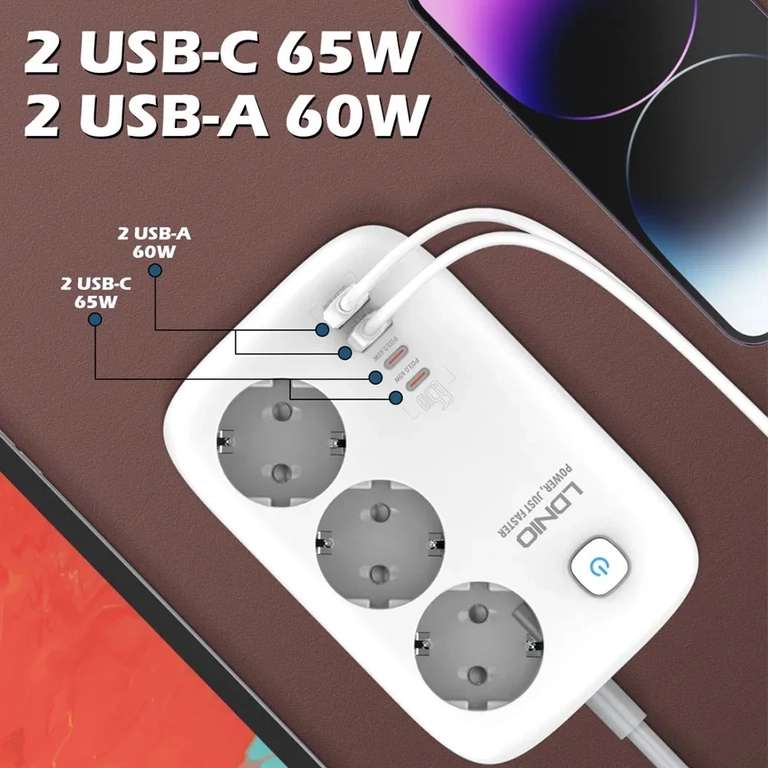 Multiprise secteur, 2 ou 4 prises, interrupteur, 3 chargeurs USB, 65 watts