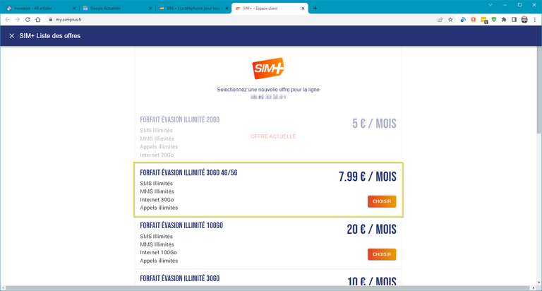 [Clients SIM+] Changement d'offre pour le Forfait Evasion 4G/5G 30Go à 7.99€/Mois (Simplus.fr)