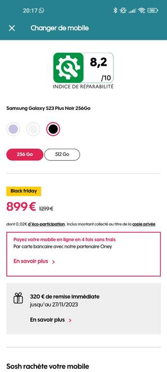[Clients Sosh] Smartphone 6,7" Samsung Galaxy S23 Plus - 8/256, 5G (Via bonus de reprise de 150€)