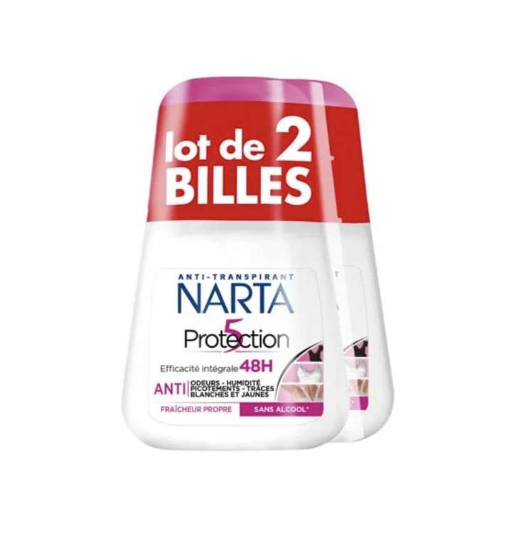 Lot de 2 Déodorants roll-on Narta 48h Protection 5-en-1 - 2x 50mL (via 3.56€ sur la carte)