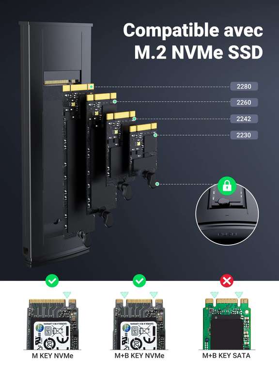 VCOM Boîtier SSD M.2 NVMe 10 Gbit/s NVMe vers USB avec USB 3.2 Gen2,  installation sans outil, Trim, M-Key (B+M) et la taille en  2230/2242/2260/2280