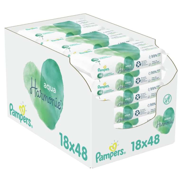 Lot de 18 paquets de 48 lingettes Pampers Aqua Harmonie - en coton bio, 99% d'eau, sans parfum (13.2€ via abonnement)
