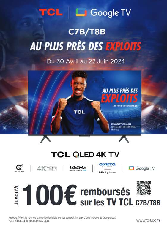 TV 65" TCL 65T8B - QLED (via 100€ ODR) + 105€ en bons d'achat