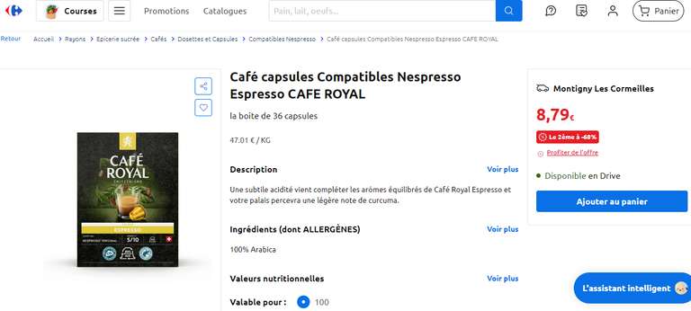 Lot de 2 boites de 36 capsules compatibles Nespresso Espresso CAFE ROYAL