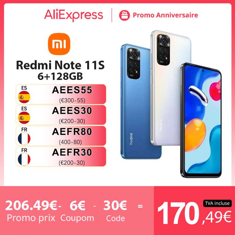 Smartphone 6.43" Xiaomi Redmi Note 11S - AMOLED FHD+ 90 Hz, Helio G96, RAM 6 Go, 128 Go, 108+8+2+2 MP, 5000 mAh (Entrepôt France)