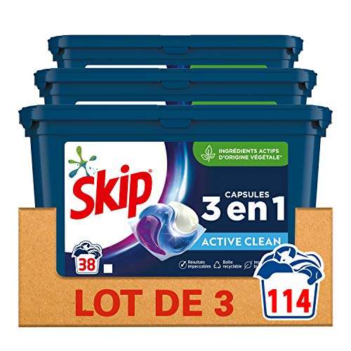 Lot de 3 paquets de lessive capsules Trio Active Clean Skip Ultimate 3-en-1 - 114 capsules (3 x 38)