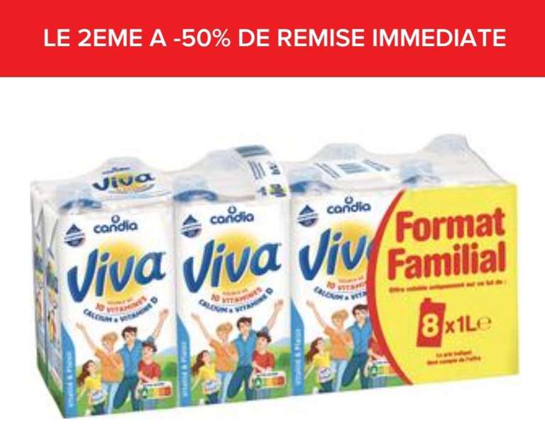 Lot de 2 packs de 8 bouteilles de 1 litre de lait UHT demi-écrémé Candia Viva (16 litres)