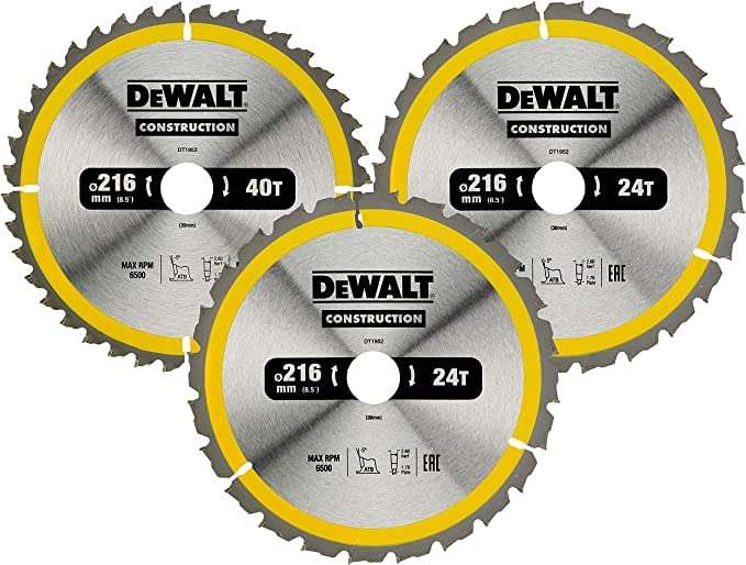 Set de 3 Lames de Scie Circulaire à onglet radiale Dewalt - 1 Disque 40 Dents 216 x 30 mm + 2 Disques 24 Dents 216 x 30 mm