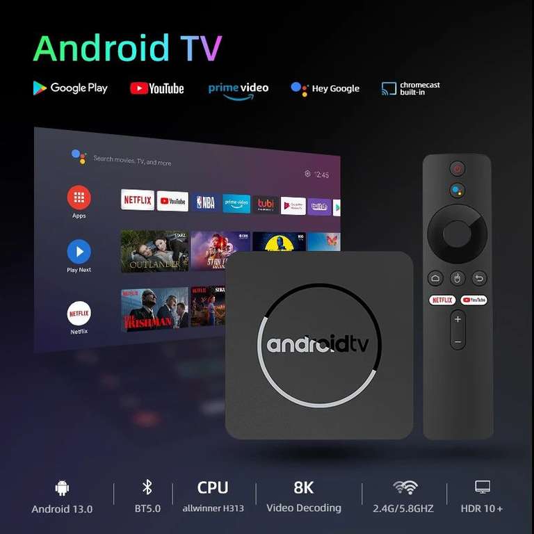 Boîtier Smart TV Q1 RL - Android 13, Allwinner H313, 2 Go/16 Go, 8K/HDR, décodeur, lecteur multimédia, stéréo surround, YouTube