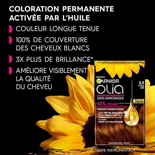 Coloration cheveux Permanente Garnier Olia - Sans Ammoniaque, Aux Huiles Naturelles de Fleurs, Châtain Clair Doré (Via Abonnement)
