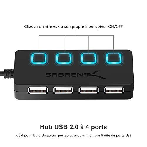 Hub USB Sabrent - 4 ports 2.0 , boutons d’alimentation individuels (Vendeur Tiers)