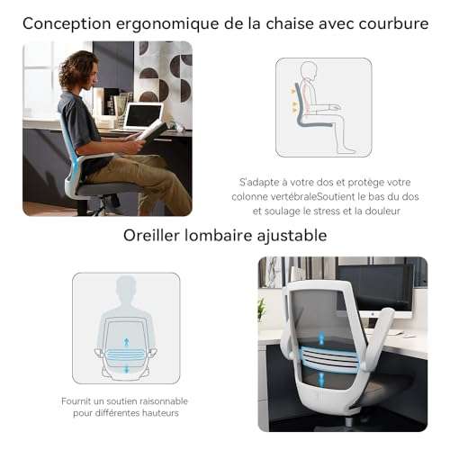 Chaise de bureau ergonomique Sihoo ‎M76-M103 - rotative 360°, Dossier Maille,  Accoudoirs Pliables réversibles (Via coupon - Vendeur Tiers) –