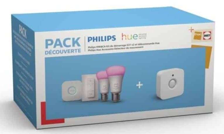 Pack Découverte Philips Hue: 2 Ampoules E27 White & Color Ambiance + Pont de connexion + Interrupteur Dimmer Switch + Détecteur de mouvement