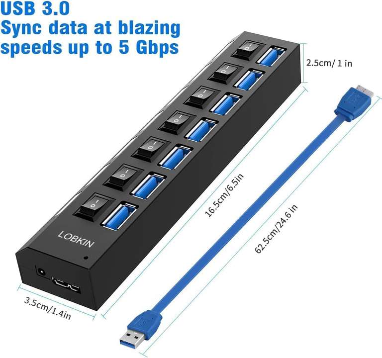 Hub USB 7 Ports, hub USB 3.0 Portable avec Interrupteur d'alimentation LED individuels (vendeur tiers)