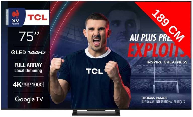 Téléviseur QLED 75" TCL 75QLED870 - Google TV, HDMI 2.1, 144hz (via ODR de 200€)