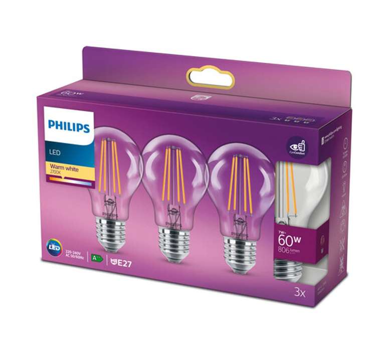 PHILIPS Lot de 3 ampoules LED filament Philips - E27, 7W (60W)