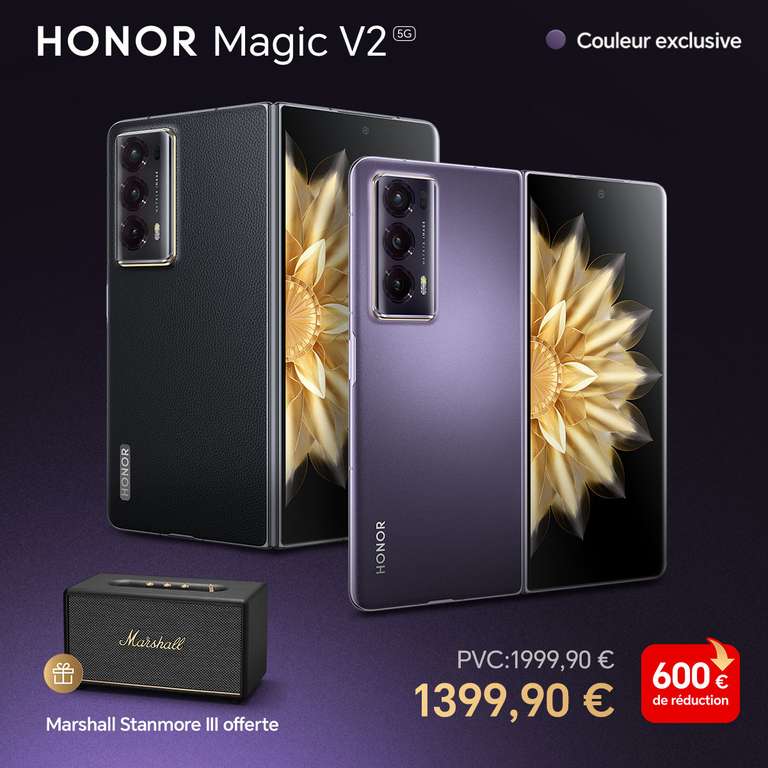 Smartphone pliable 7.92" Honor Magic V2 (Snapdragon 8 Gen 2, RAM 16 Go, 512 Go, 5000 mAh, 66W) + Enceinte bluetooth Marshall Stanmore III