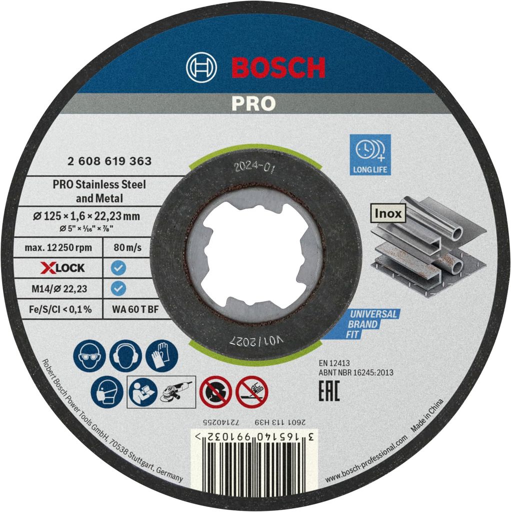 10x Disque à tronçonner Bosch PRO Stainless Steel and Metal Longlife X-Lock, M14/22,23 mm (Ø 125 mm, Professional Accessoire)