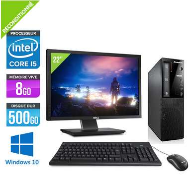 PC Fixe Lenovo ThinkCentre E73 SFF (i5-4430S, 8 Go RAM, 500 Go HDD, W10) + Ecran PC 22" Dell + Clavier + Souris (Reconditionné)