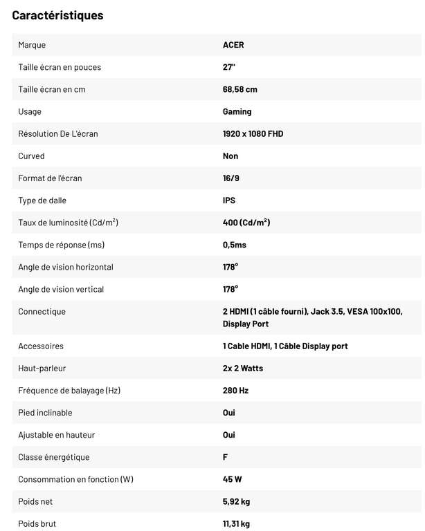Ecran PC 27’’ Acer XF273Zbmiiprx - 280 Hz, IPS, 0,5ms FHD
