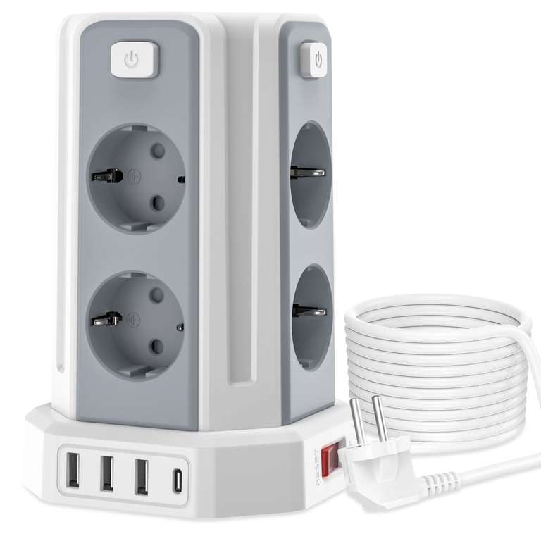 Multiprise Sameriver - 2500W, 3m, 8 Prises Electriques avec 4  Interrupteurs, parafoudre 1500j, avec 4 USB Ports (via coupon) –