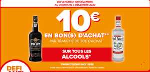 10€ offerts en bon d'achat par tranche de 30€ sur les alcools (hors vins, champagne & effervescents)