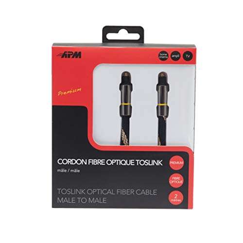 Cordon Fibre Optique Toslink Male/Male Premium Nylon Metal - 2M, Cable SPDIF, Bicolore (Vendeur Tiers)