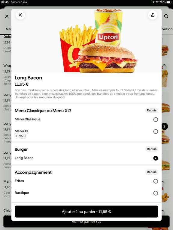 Menu Long Bacon XL à 4.90€ (frais inclus) - Quick Nîmes (30)