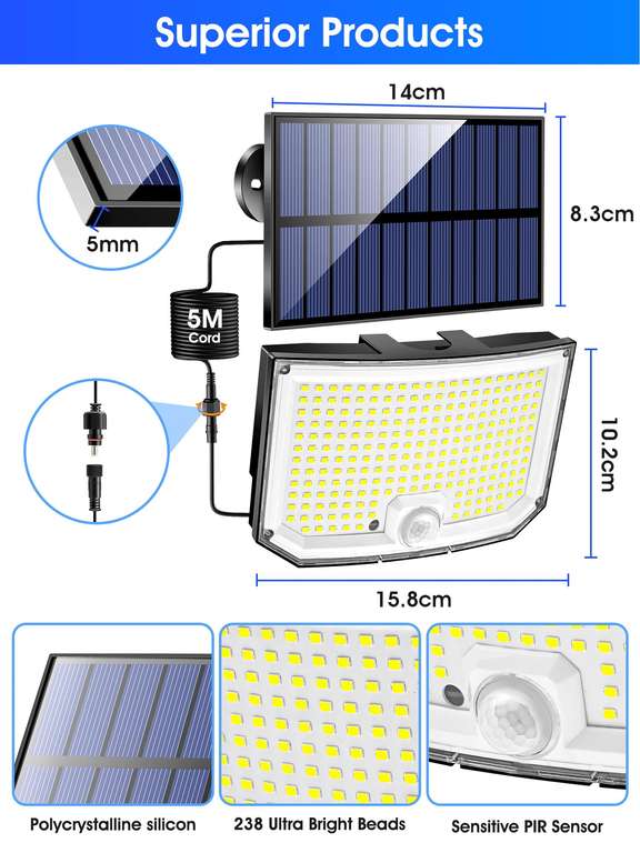 Lampe solaire extérieur Pikoy - 238LED 2000LM Detecteur de Mouvement (vendeur tiers)