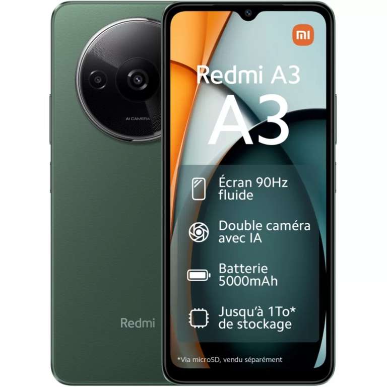 Smartphone 6.71" Xiaomi Redmi A3 (2024) - HD+, 90Hz, Hélio G36, RAM 4Go, 128Go, 5000mAh (Entrepôt France)